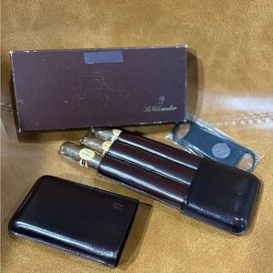 Vintage Brown Leather Le Chevalier Cigar Case Set